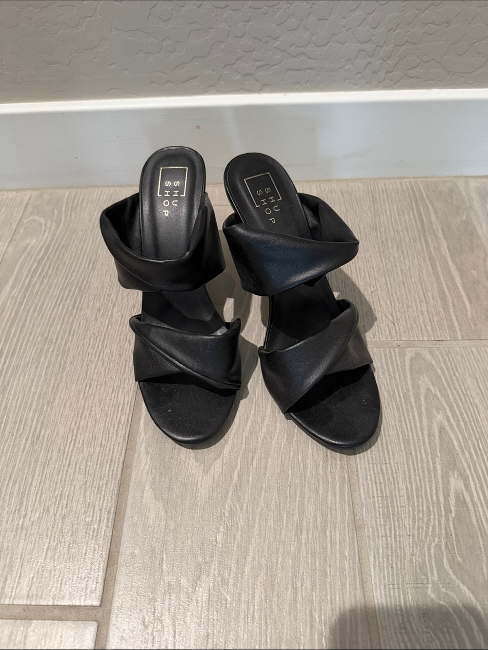 ShuShop Black Twisted Double-Strap Slide Heels